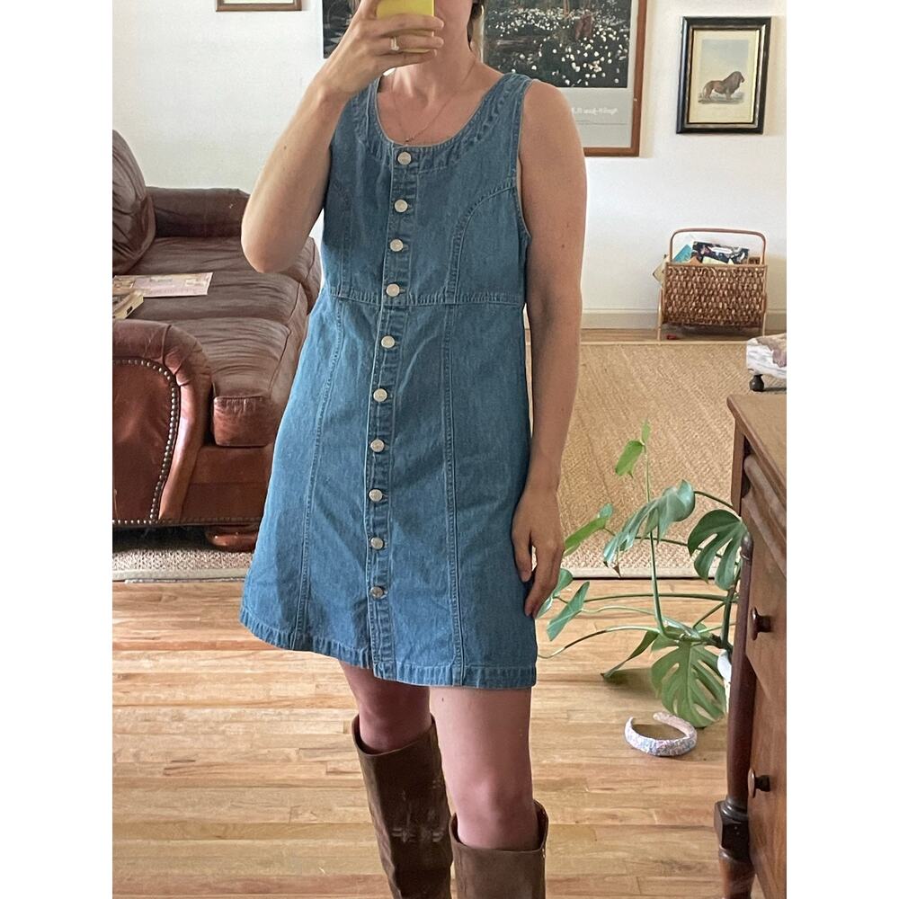 90s Vintage Denim Button Front Mini Dress - Picture 2 of 5